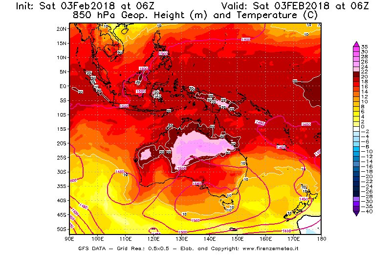 Mappa di analisi GFS - Geopotenziale [m] e Temperatura [°C] a 850 hPa in Oceania
							del 03/02/2018 06 <!--googleoff: index-->UTC<!--googleon: index-->