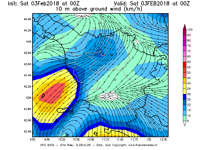 Mappa di analisi GFS - Velocità del vento a 10 metri dal suolo [km/h] in Toscana
									del 03/02/2018 00 <!--googleoff: index-->UTC<!--googleon: index-->
