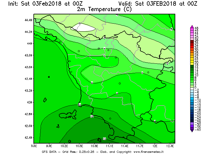 Mappa di analisi GFS - Temperatura a 2 metri dal suolo [°C] in Toscana
									del 03/02/2018 00 <!--googleoff: index-->UTC<!--googleon: index-->