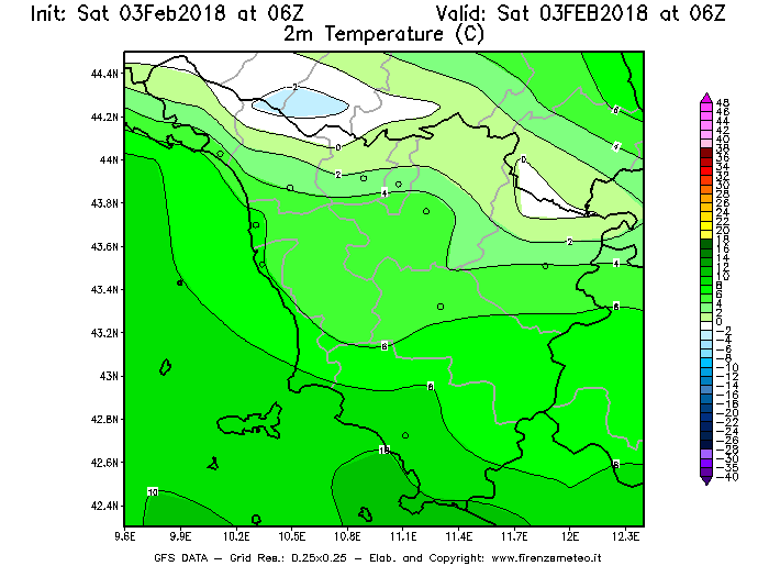 Mappa di analisi GFS - Temperatura a 2 metri dal suolo [°C] in Toscana
									del 03/02/2018 06 <!--googleoff: index-->UTC<!--googleon: index-->