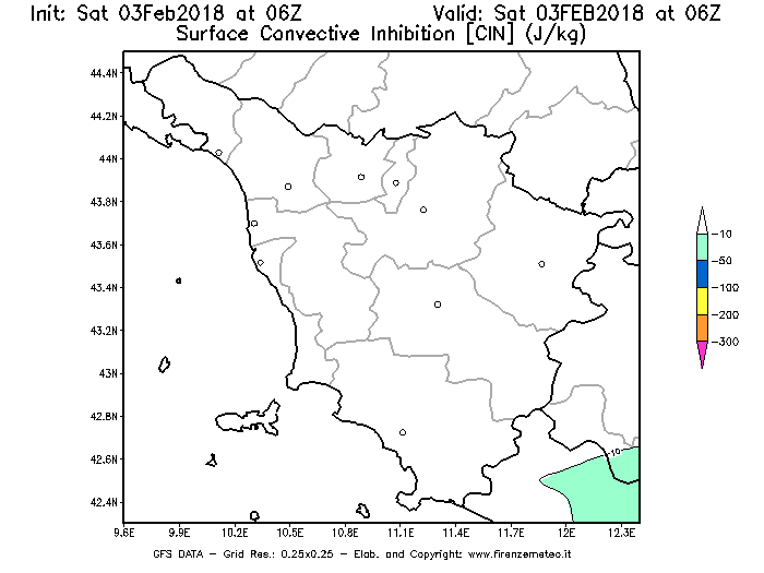 Mappa di analisi GFS - CIN [J/kg] in Toscana
									del 03/02/2018 06 <!--googleoff: index-->UTC<!--googleon: index-->