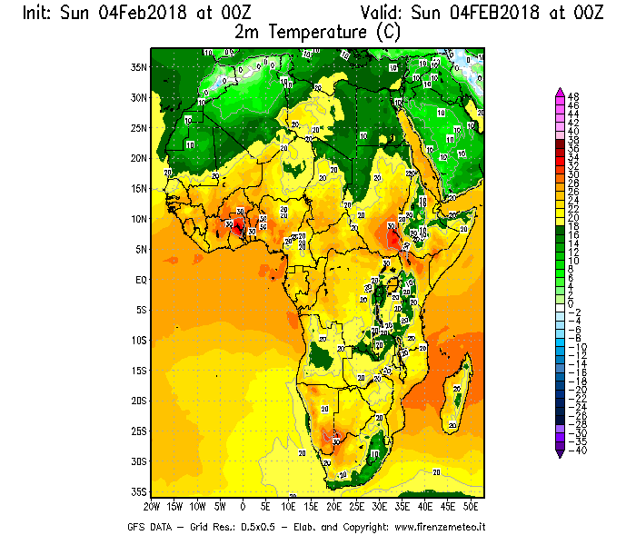 Mappa di analisi GFS - Temperatura a 2 metri dal suolo [°C] in Africa
							del 04/02/2018 00 <!--googleoff: index-->UTC<!--googleon: index-->