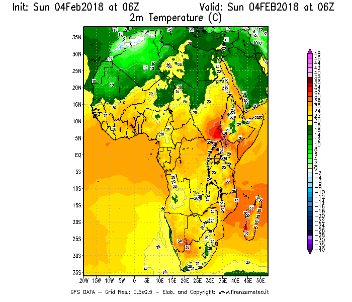 Mappa di analisi GFS - Temperatura a 2 metri dal suolo [°C] in Africa
							del 04/02/2018 06 <!--googleoff: index-->UTC<!--googleon: index-->