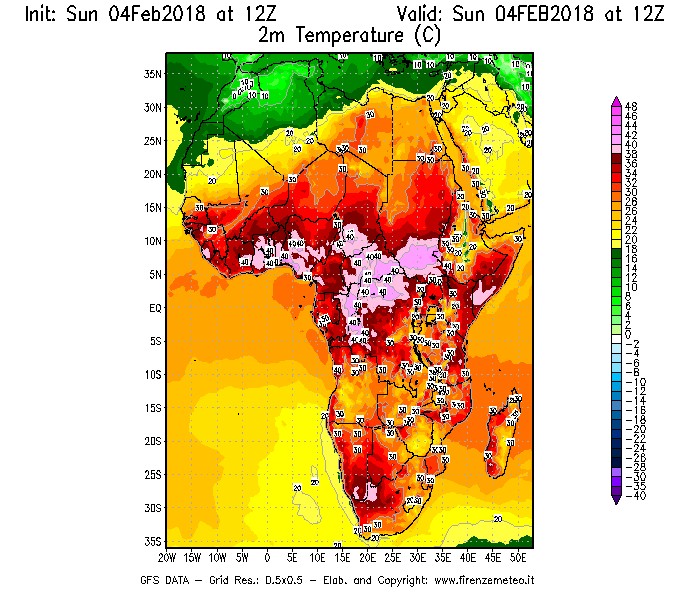Mappa di analisi GFS - Temperatura a 2 metri dal suolo [°C] in Africa
							del 04/02/2018 12 <!--googleoff: index-->UTC<!--googleon: index-->