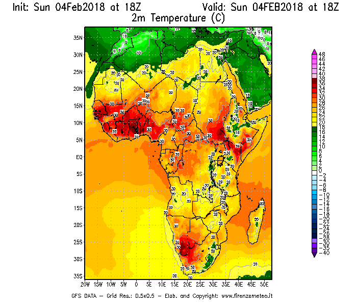 Mappa di analisi GFS - Temperatura a 2 metri dal suolo [°C] in Africa
							del 04/02/2018 18 <!--googleoff: index-->UTC<!--googleon: index-->