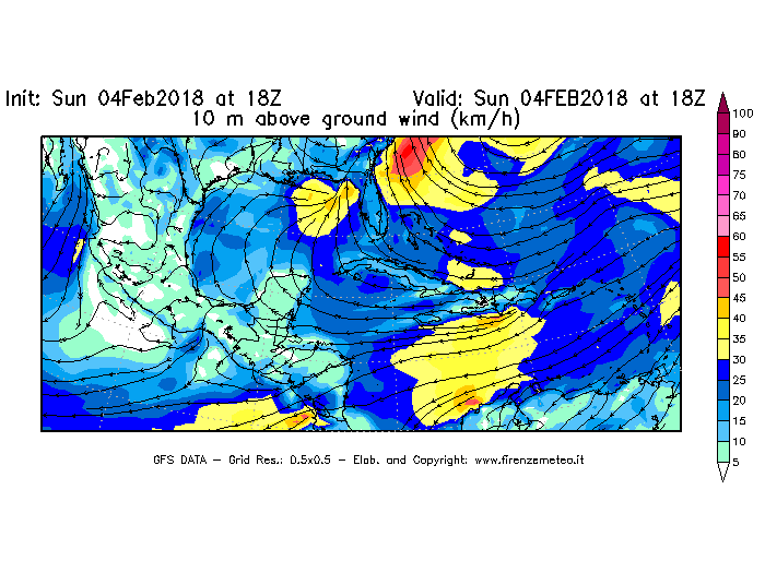 Mappa di analisi GFS - Velocità del vento a 10 metri dal suolo [km/h] in Centro-America
							del 04/02/2018 18 <!--googleoff: index-->UTC<!--googleon: index-->
