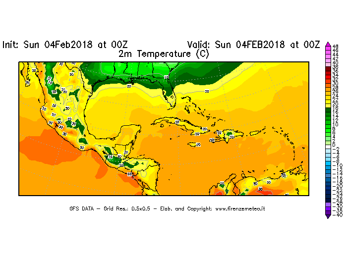Mappa di analisi GFS - Temperatura a 2 metri dal suolo [°C] in Centro-America
							del 04/02/2018 00 <!--googleoff: index-->UTC<!--googleon: index-->