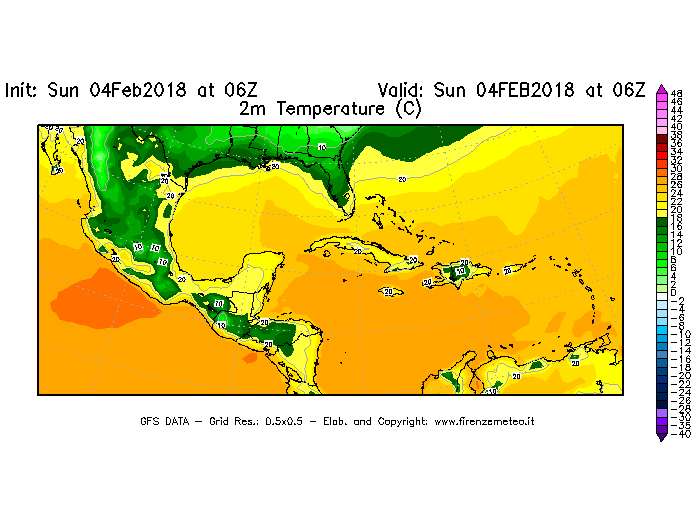 Mappa di analisi GFS - Temperatura a 2 metri dal suolo [°C] in Centro-America
							del 04/02/2018 06 <!--googleoff: index-->UTC<!--googleon: index-->