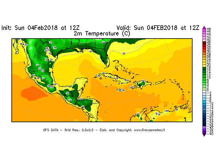Mappa di analisi GFS - Temperatura a 2 metri dal suolo [°C] in Centro-America
							del 04/02/2018 12 <!--googleoff: index-->UTC<!--googleon: index-->
