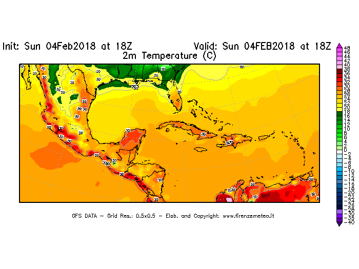 Mappa di analisi GFS - Temperatura a 2 metri dal suolo [°C] in Centro-America
							del 04/02/2018 18 <!--googleoff: index-->UTC<!--googleon: index-->