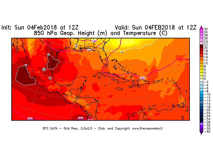 Mappa di analisi GFS - Geopotenziale [m] e Temperatura [°C] a 850 hPa in Centro-America
							del 04/02/2018 12 <!--googleoff: index-->UTC<!--googleon: index-->