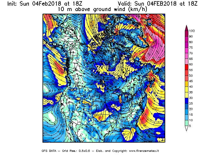 Mappa di analisi GFS - Velocità del vento a 10 metri dal suolo [km/h] in Nord-America
							del 04/02/2018 18 <!--googleoff: index-->UTC<!--googleon: index-->