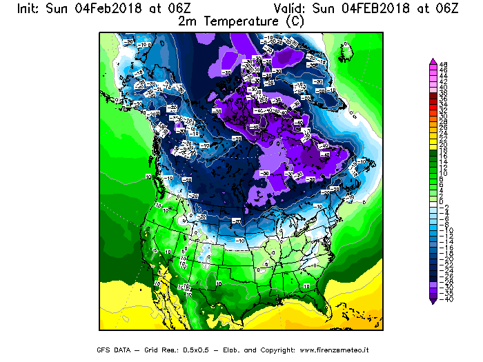 Mappa di analisi GFS - Temperatura a 2 metri dal suolo [°C] in Nord-America
							del 04/02/2018 06 <!--googleoff: index-->UTC<!--googleon: index-->