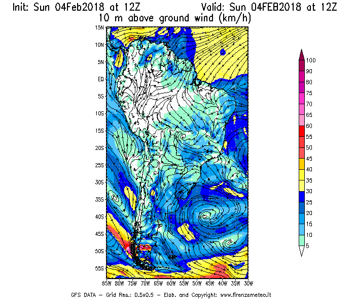 Mappa di analisi GFS - Velocità del vento a 10 metri dal suolo [km/h] in Sud-America
							del 04/02/2018 12 <!--googleoff: index-->UTC<!--googleon: index-->