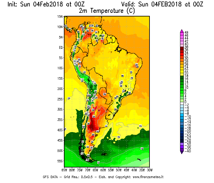 Mappa di analisi GFS - Temperatura a 2 metri dal suolo [°C] in Sud-America
							del 04/02/2018 00 <!--googleoff: index-->UTC<!--googleon: index-->