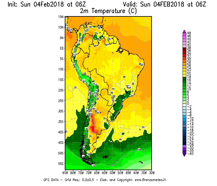 Mappa di analisi GFS - Temperatura a 2 metri dal suolo [°C] in Sud-America
							del 04/02/2018 06 <!--googleoff: index-->UTC<!--googleon: index-->