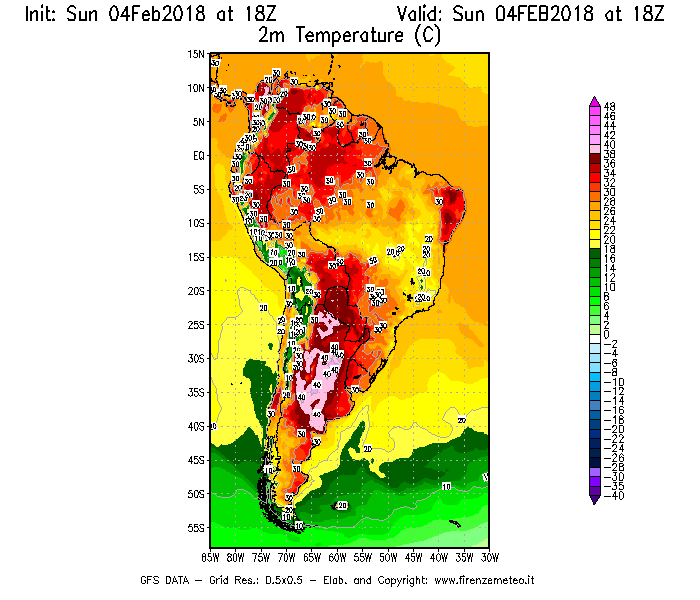 Mappa di analisi GFS - Temperatura a 2 metri dal suolo [°C] in Sud-America
							del 04/02/2018 18 <!--googleoff: index-->UTC<!--googleon: index-->