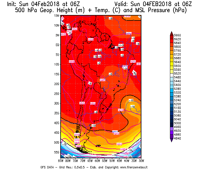 Mappa di analisi GFS - Geopotenziale [m] + Temp. [°C] a 500 hPa + Press. a livello del mare [hPa] in Sud-America
							del 04/02/2018 06 <!--googleoff: index-->UTC<!--googleon: index-->