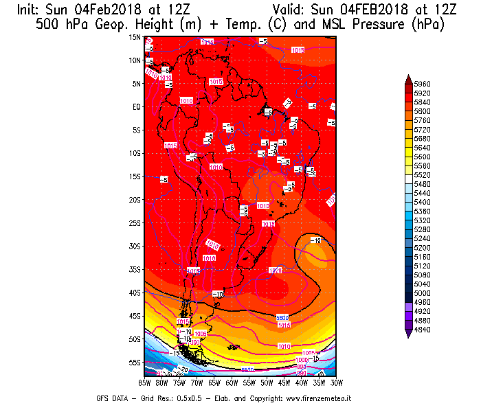 Mappa di analisi GFS - Geopotenziale [m] + Temp. [°C] a 500 hPa + Press. a livello del mare [hPa] in Sud-America
							del 04/02/2018 12 <!--googleoff: index-->UTC<!--googleon: index-->