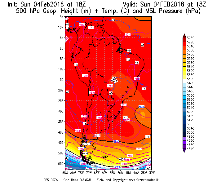 Mappa di analisi GFS - Geopotenziale [m] + Temp. [°C] a 500 hPa + Press. a livello del mare [hPa] in Sud-America
							del 04/02/2018 18 <!--googleoff: index-->UTC<!--googleon: index-->