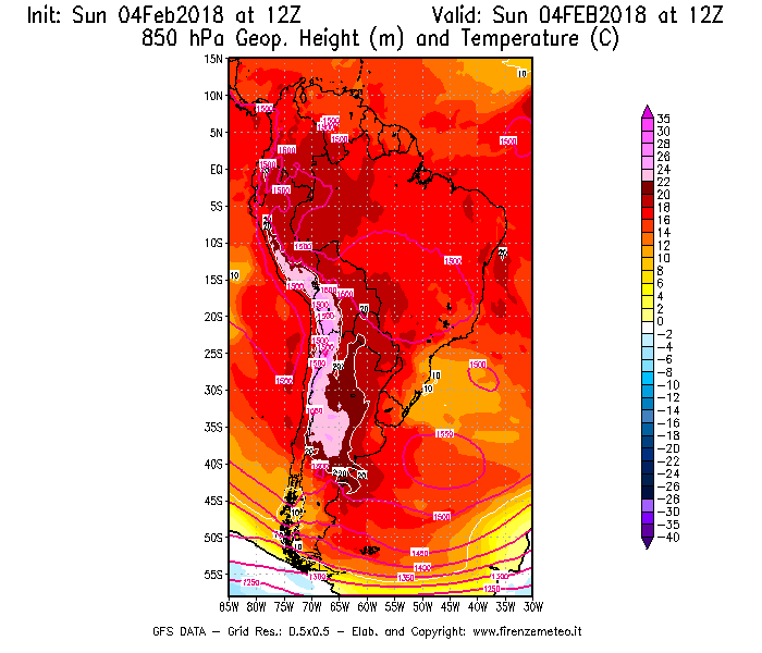 Mappa di analisi GFS - Geopotenziale [m] e Temperatura [°C] a 850 hPa in Sud-America
							del 04/02/2018 12 <!--googleoff: index-->UTC<!--googleon: index-->