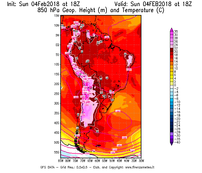 Mappa di analisi GFS - Geopotenziale [m] e Temperatura [°C] a 850 hPa in Sud-America
							del 04/02/2018 18 <!--googleoff: index-->UTC<!--googleon: index-->
