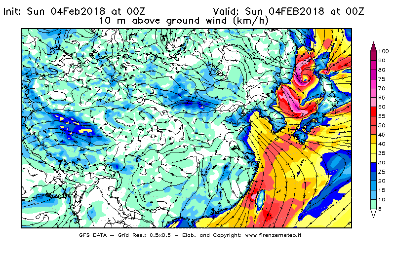 Mappa di analisi GFS - Velocità del vento a 10 metri dal suolo [km/h] in Asia Orientale
							del 04/02/2018 00 <!--googleoff: index-->UTC<!--googleon: index-->
