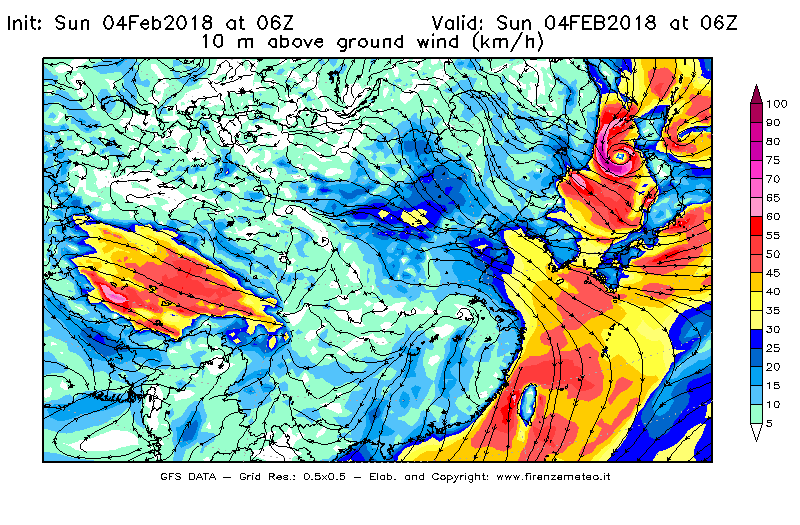 Mappa di analisi GFS - Velocità del vento a 10 metri dal suolo [km/h] in Asia Orientale
							del 04/02/2018 06 <!--googleoff: index-->UTC<!--googleon: index-->