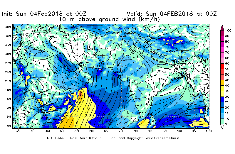 Mappa di analisi GFS - Velocità del vento a 10 metri dal suolo [km/h] in Asia Sud-Occidentale
							del 04/02/2018 00 <!--googleoff: index-->UTC<!--googleon: index-->