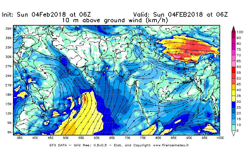 Mappa di analisi GFS - Velocità del vento a 10 metri dal suolo [km/h] in Asia Sud-Occidentale
							del 04/02/2018 06 <!--googleoff: index-->UTC<!--googleon: index-->