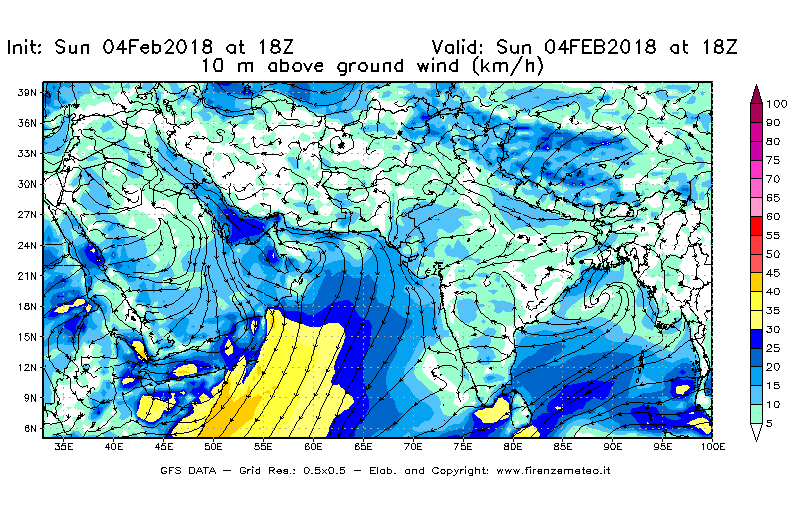 Mappa di analisi GFS - Velocità del vento a 10 metri dal suolo [km/h] in Asia Sud-Occidentale
							del 04/02/2018 18 <!--googleoff: index-->UTC<!--googleon: index-->
