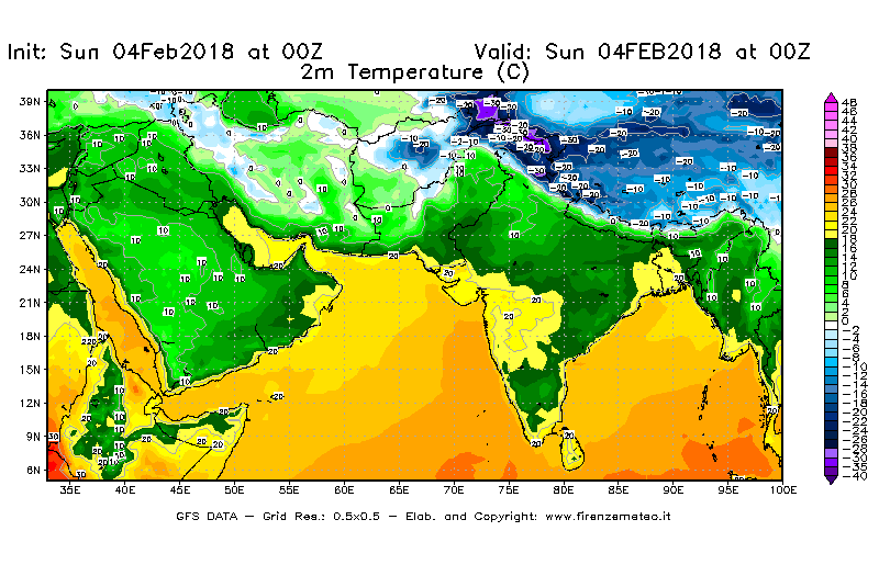 Mappa di analisi GFS - Temperatura a 2 metri dal suolo [°C] in Asia Sud-Occidentale
							del 04/02/2018 00 <!--googleoff: index-->UTC<!--googleon: index-->