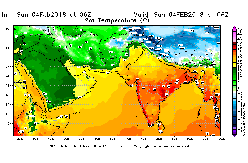 Mappa di analisi GFS - Temperatura a 2 metri dal suolo [°C] in Asia Sud-Occidentale
							del 04/02/2018 06 <!--googleoff: index-->UTC<!--googleon: index-->