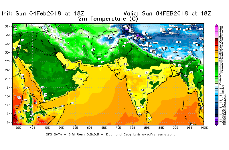 Mappa di analisi GFS - Temperatura a 2 metri dal suolo [°C] in Asia Sud-Occidentale
							del 04/02/2018 18 <!--googleoff: index-->UTC<!--googleon: index-->