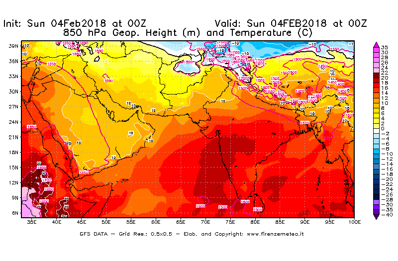 Mappa di analisi GFS - Geopotenziale [m] e Temperatura [°C] a 850 hPa in Asia Sud-Occidentale
							del 04/02/2018 00 <!--googleoff: index-->UTC<!--googleon: index-->