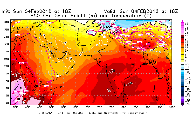 Mappa di analisi GFS - Geopotenziale [m] e Temperatura [°C] a 850 hPa in Asia Sud-Occidentale
							del 04/02/2018 18 <!--googleoff: index-->UTC<!--googleon: index-->