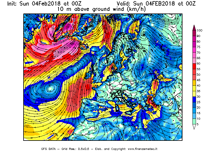 Mappa di analisi GFS - Velocità del vento a 10 metri dal suolo [km/h] in Europa
							del 04/02/2018 00 <!--googleoff: index-->UTC<!--googleon: index-->