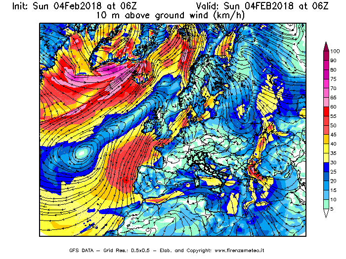 Mappa di analisi GFS - Velocità del vento a 10 metri dal suolo [km/h] in Europa
							del 04/02/2018 06 <!--googleoff: index-->UTC<!--googleon: index-->