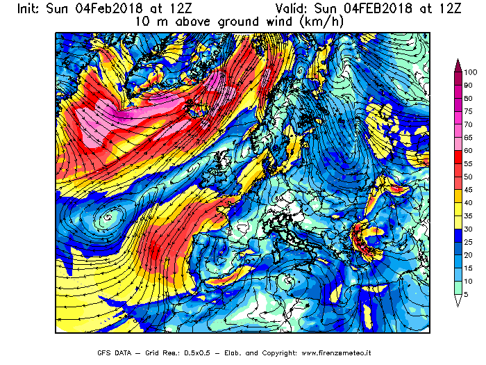 Mappa di analisi GFS - Velocità del vento a 10 metri dal suolo [km/h] in Europa
							del 04/02/2018 12 <!--googleoff: index-->UTC<!--googleon: index-->