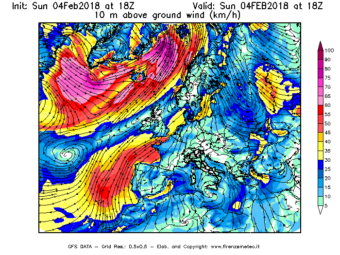 Mappa di analisi GFS - Velocità del vento a 10 metri dal suolo [km/h] in Europa
							del 04/02/2018 18 <!--googleoff: index-->UTC<!--googleon: index-->