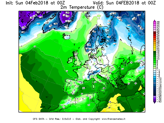 Mappa di analisi GFS - Temperatura a 2 metri dal suolo [°C] in Europa
							del 04/02/2018 00 <!--googleoff: index-->UTC<!--googleon: index-->