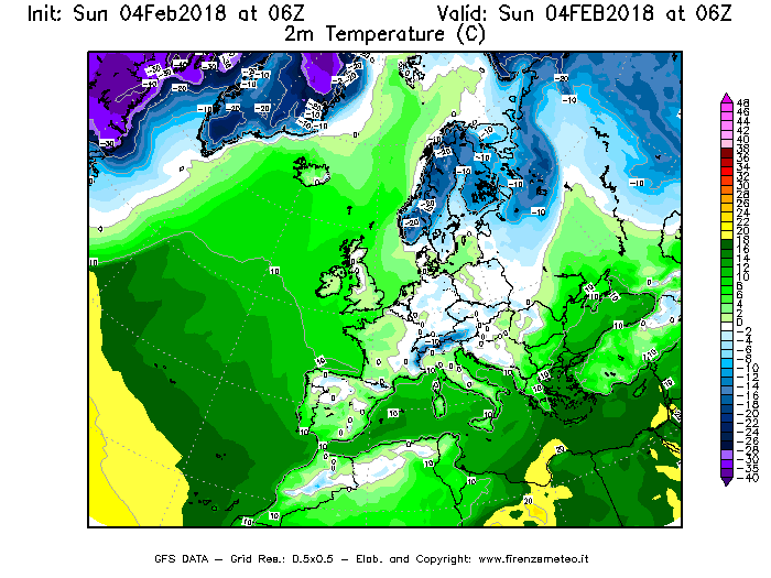 Mappa di analisi GFS - Temperatura a 2 metri dal suolo [°C] in Europa
							del 04/02/2018 06 <!--googleoff: index-->UTC<!--googleon: index-->