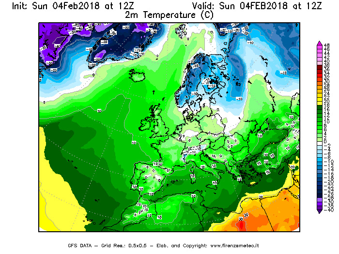 Mappa di analisi GFS - Temperatura a 2 metri dal suolo [°C] in Europa
							del 04/02/2018 12 <!--googleoff: index-->UTC<!--googleon: index-->