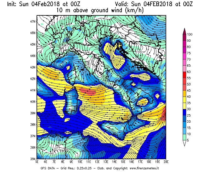 Mappa di analisi GFS - Velocità del vento a 10 metri dal suolo [km/h] in Italia
							del 04/02/2018 00 <!--googleoff: index-->UTC<!--googleon: index-->