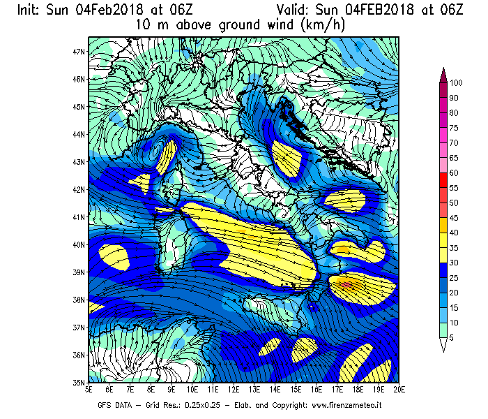 Mappa di analisi GFS - Velocità del vento a 10 metri dal suolo [km/h] in Italia
							del 04/02/2018 06 <!--googleoff: index-->UTC<!--googleon: index-->