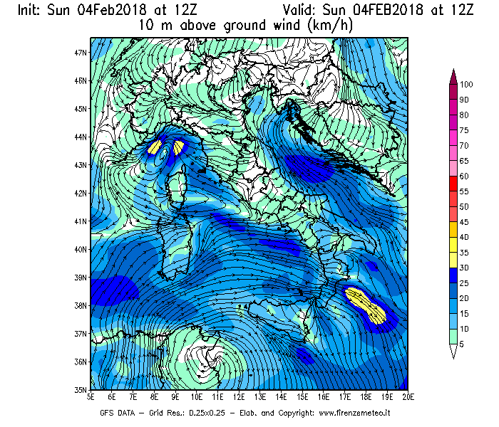 Mappa di analisi GFS - Velocità del vento a 10 metri dal suolo [km/h] in Italia
							del 04/02/2018 12 <!--googleoff: index-->UTC<!--googleon: index-->