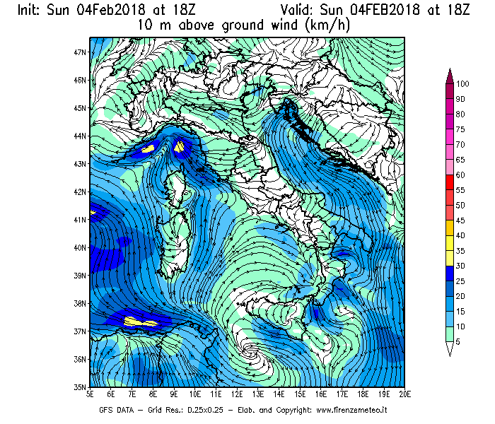 Mappa di analisi GFS - Velocità del vento a 10 metri dal suolo [km/h] in Italia
							del 04/02/2018 18 <!--googleoff: index-->UTC<!--googleon: index-->