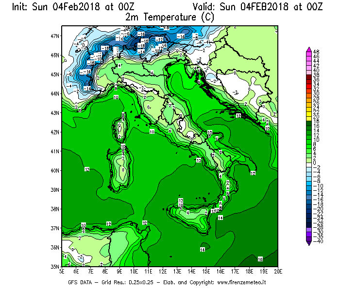 Mappa di analisi GFS - Temperatura a 2 metri dal suolo [°C] in Italia
							del 04/02/2018 00 <!--googleoff: index-->UTC<!--googleon: index-->