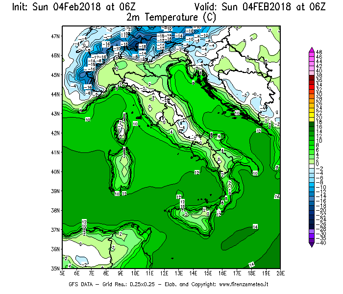 Mappa di analisi GFS - Temperatura a 2 metri dal suolo [°C] in Italia
							del 04/02/2018 06 <!--googleoff: index-->UTC<!--googleon: index-->