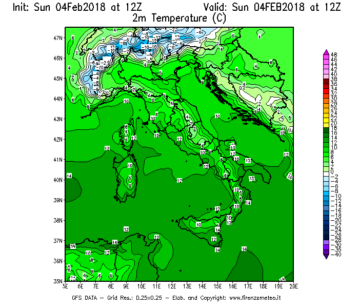 Mappa di analisi GFS - Temperatura a 2 metri dal suolo [°C] in Italia
							del 04/02/2018 12 <!--googleoff: index-->UTC<!--googleon: index-->